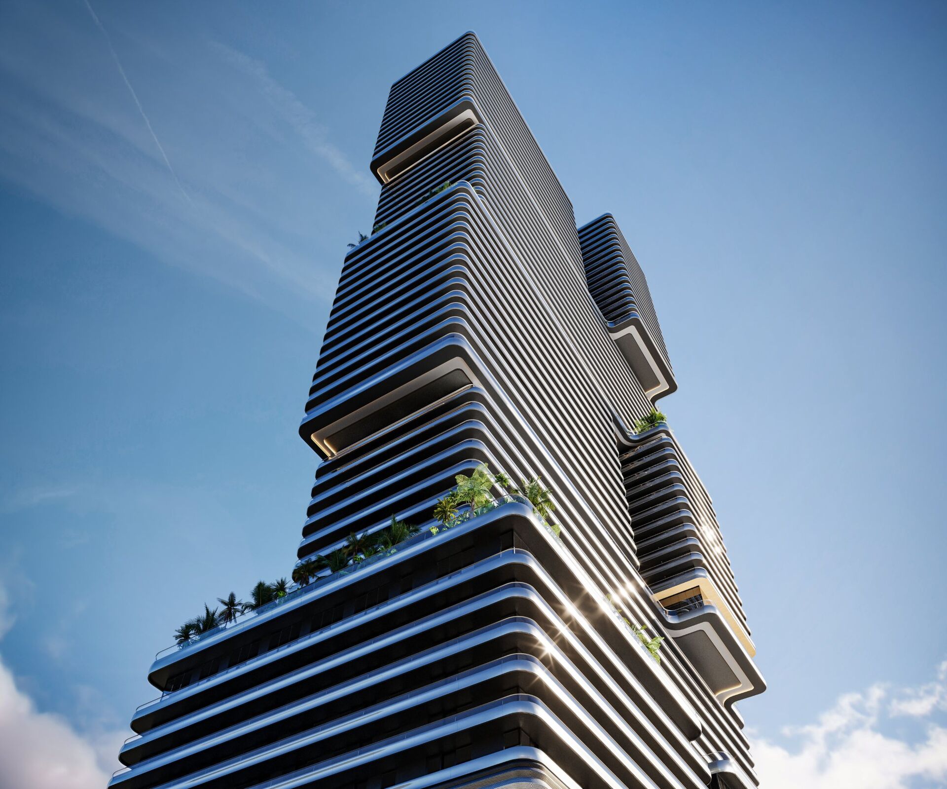 Mercedes-Benz Places tower exterior upward view showing curved terraces